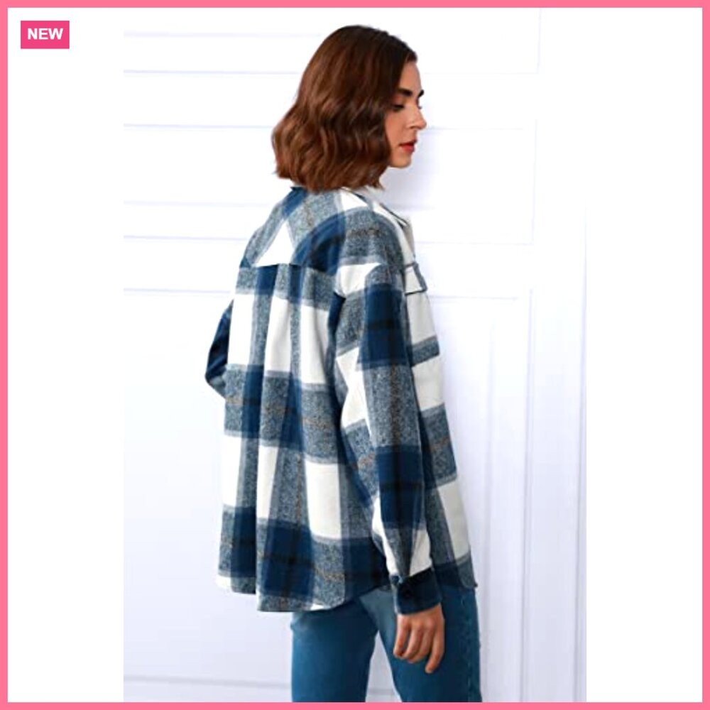Polyester Flannel Shacket Plaid Button Down Long … - image 3
